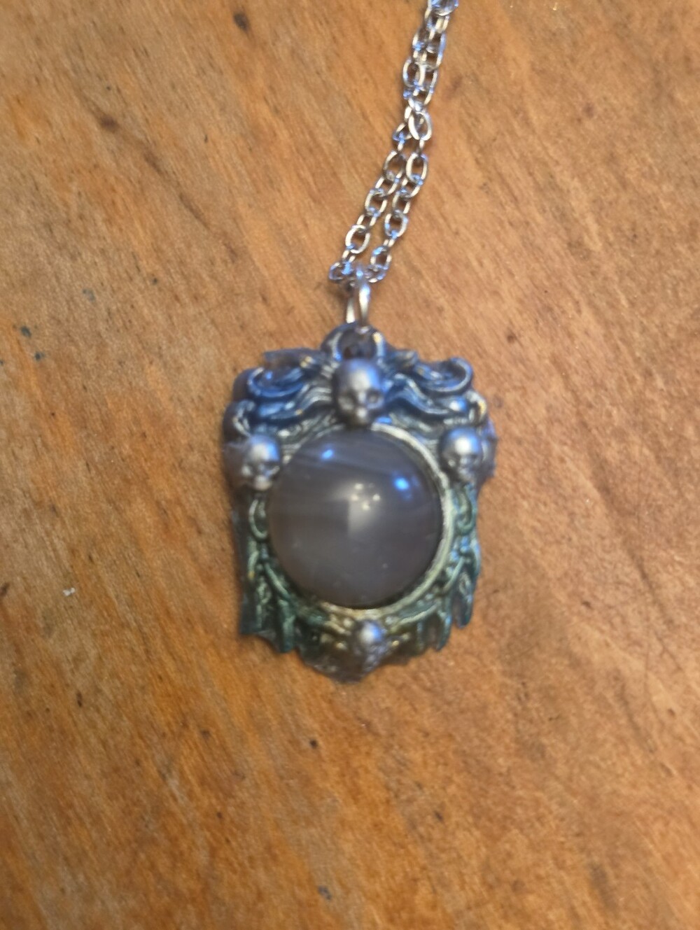 Multicolored Resin Skull Pendant With Center Gray Gemstone On Silver-tone Chain